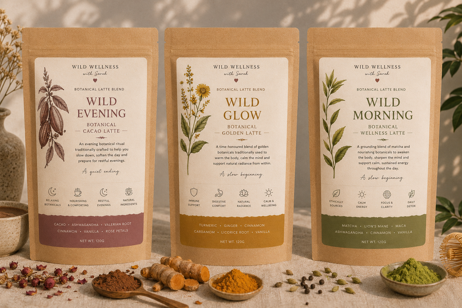 Wild Morning, Wild Glow and Wild Evening botanical latte pouches styled with dried botanicals, cacao and matcha.
